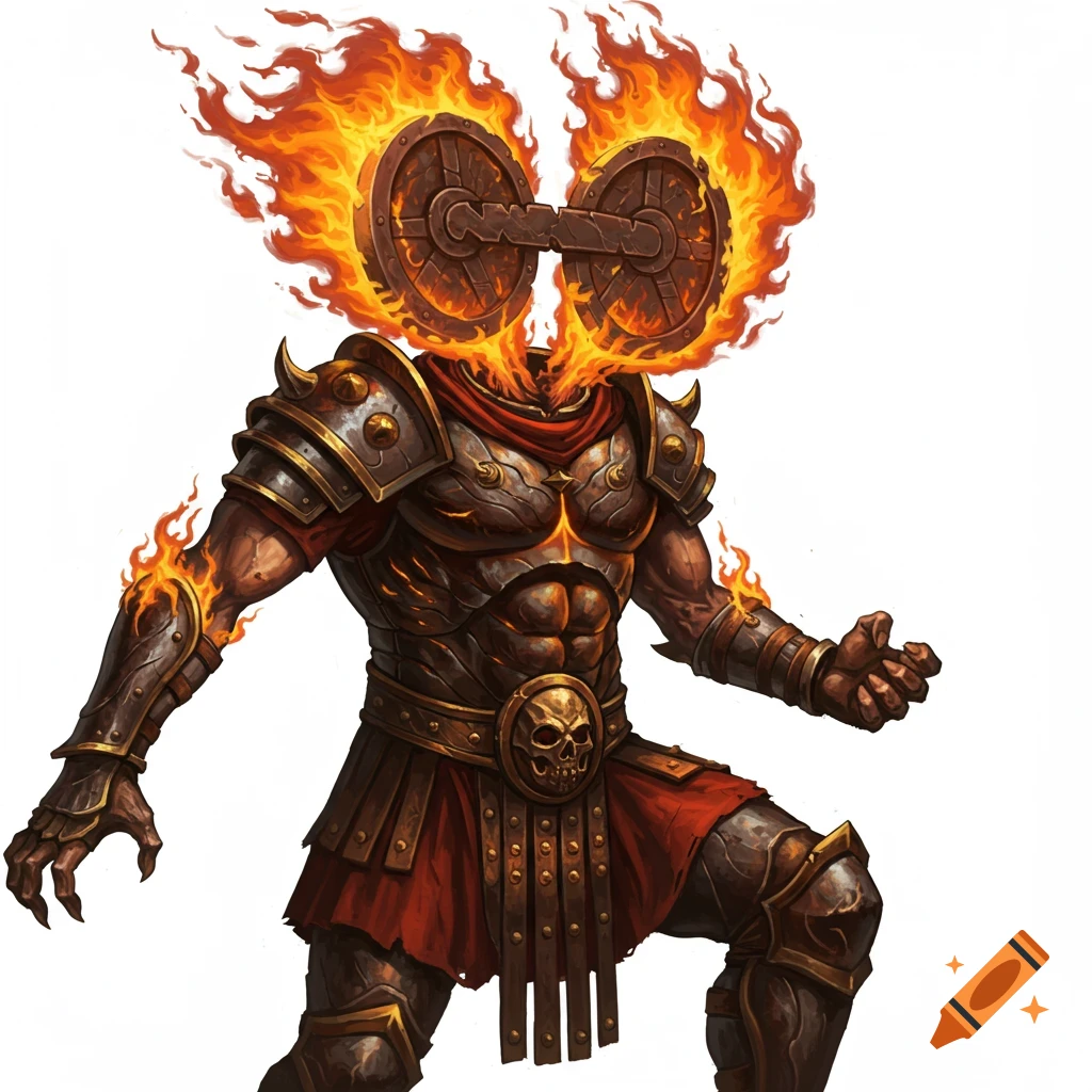 Flaming elemental warrior in Roman-style armor with burning wheels instead of a head, on a white background.