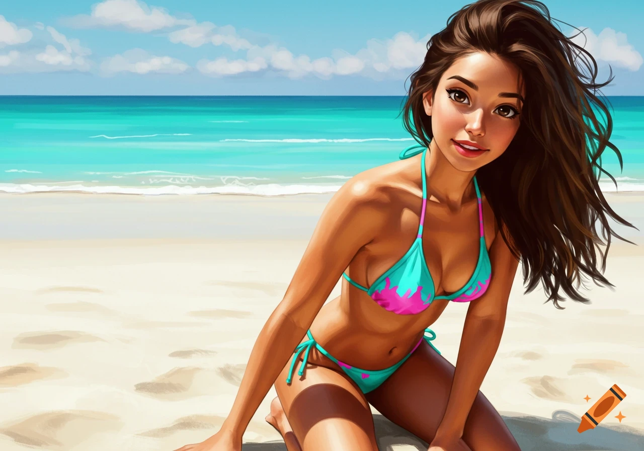 Stylized image of a woman in a bikini kneeling on a sandy beach.