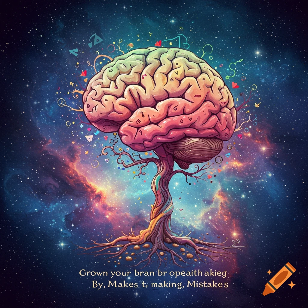 A detailed illustration of a human brain atop a tree with roots, floating in space.