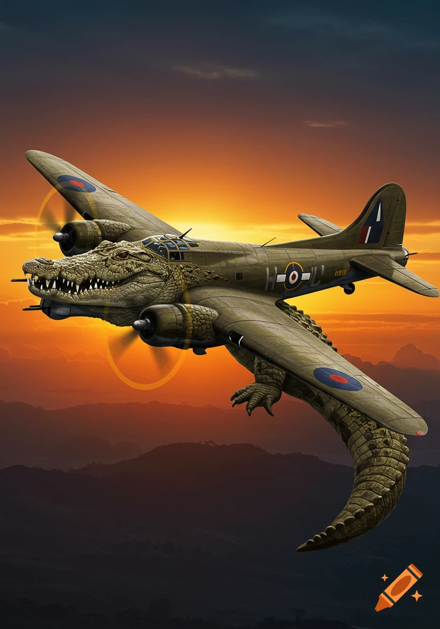 A bomber plane with a crocodile head and tail flies over mountains at sunset.