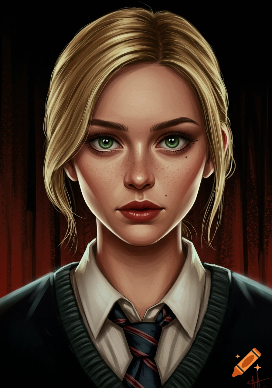 Portrait of young woman with blonde hair, green eyes, and freckles wearing a sweater, shirt, and tie.