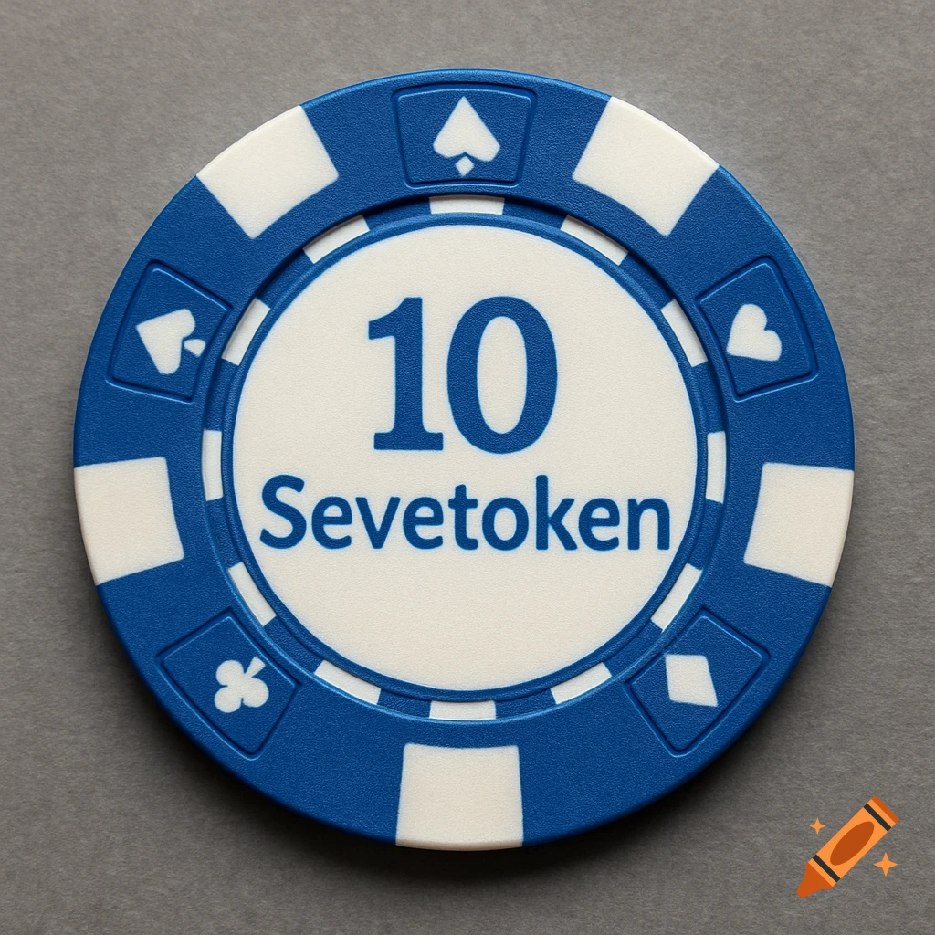 A blue and white poker chip with the number 10 and the word Sevetoken.