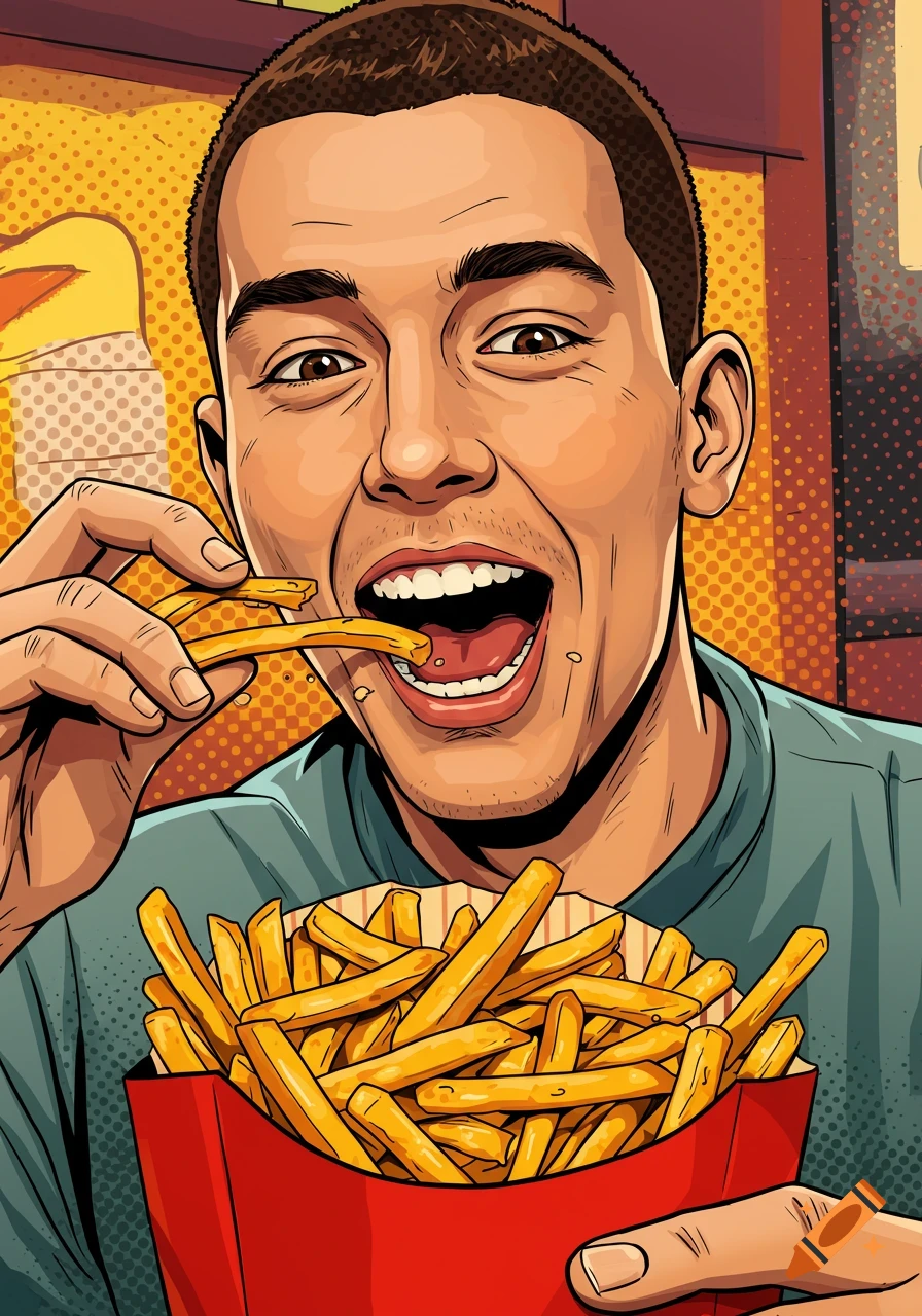 A man eats a large box of fries in a vibrant pop art illustration style.
