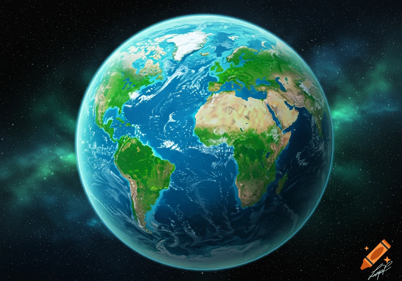 Earth seen from space with stars and a nebula