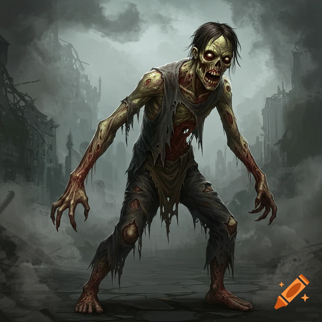 A creepy zombie stands in a ruined city.