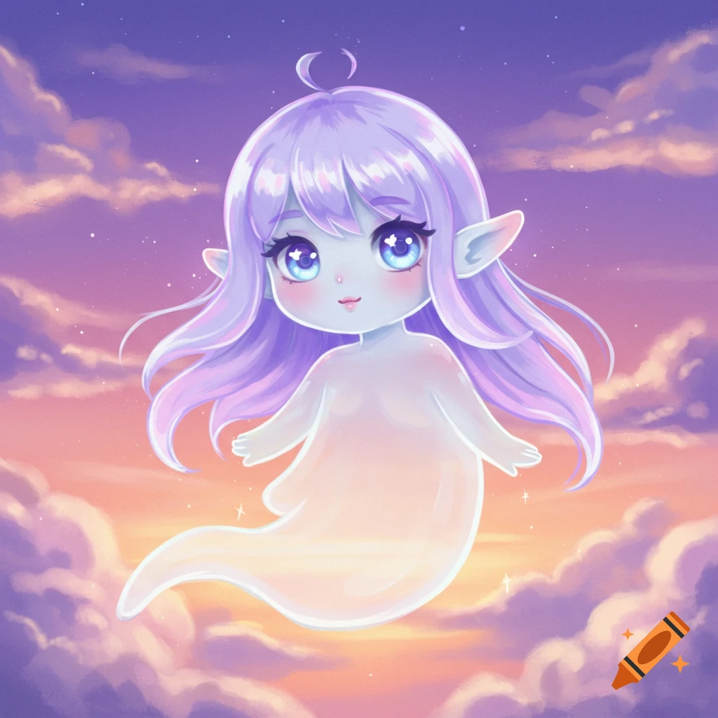 A cute cartoon ghost with purple hair floats in a cloudy sky.