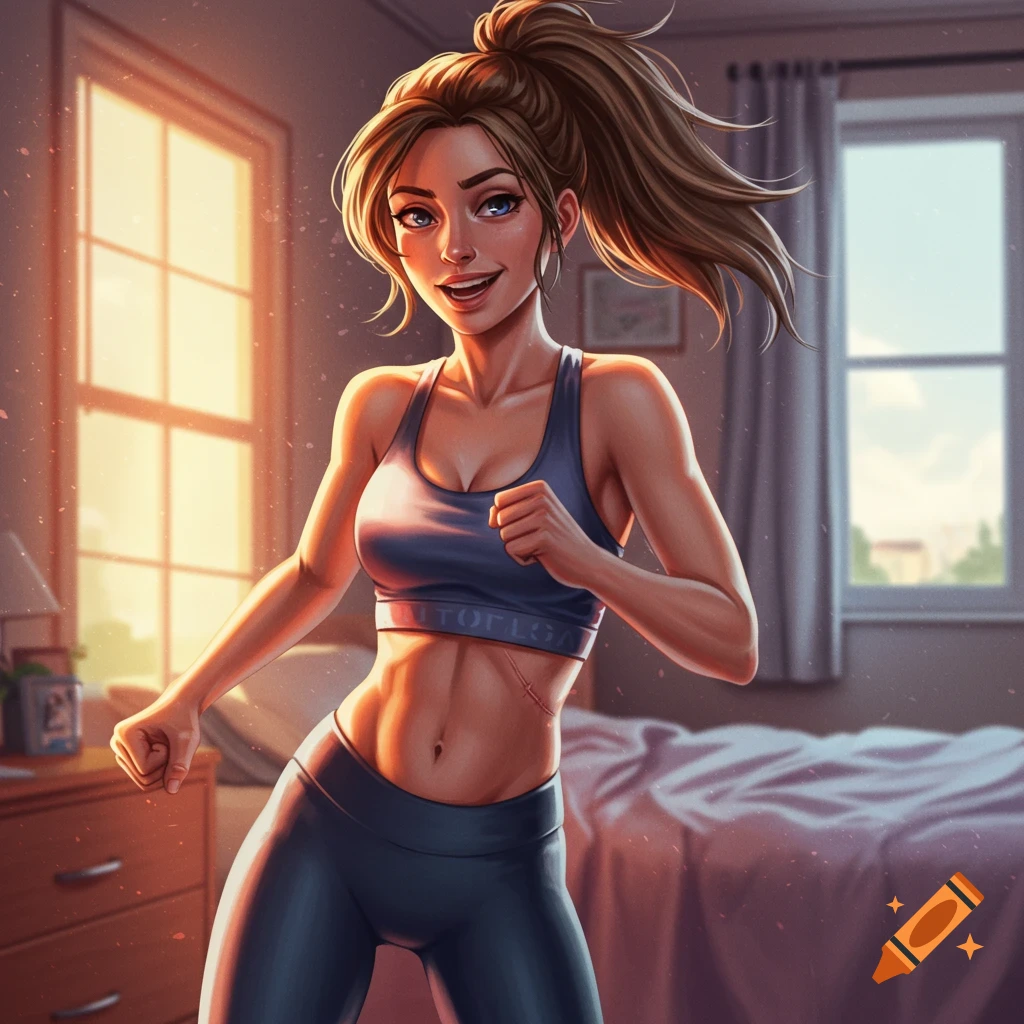 Cartoon illustration of a woman in a sports bra and leggings exercising indoors.