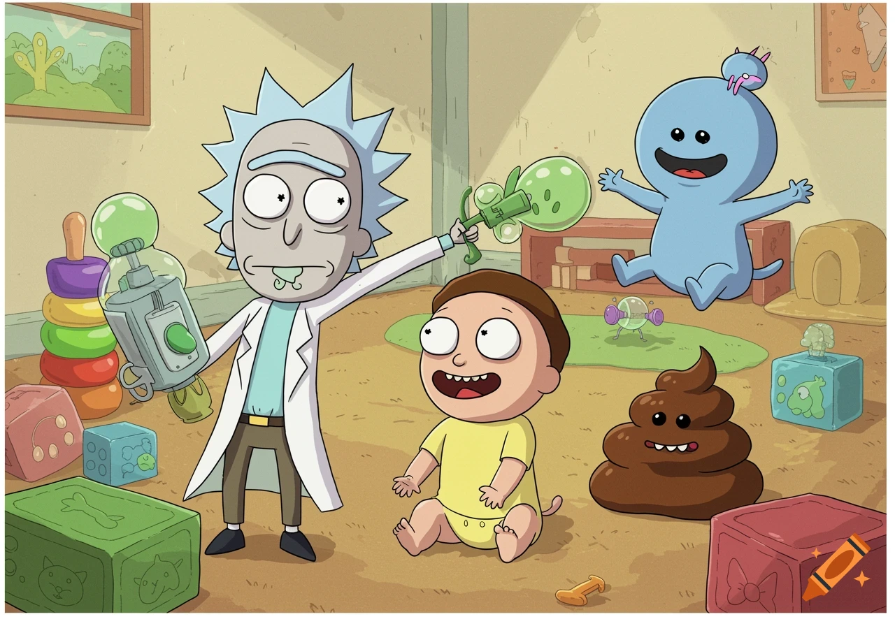 Cartoon of Rick, baby Morty, baby Mr. Meeseeks, and a smiling poop pile in a playroom