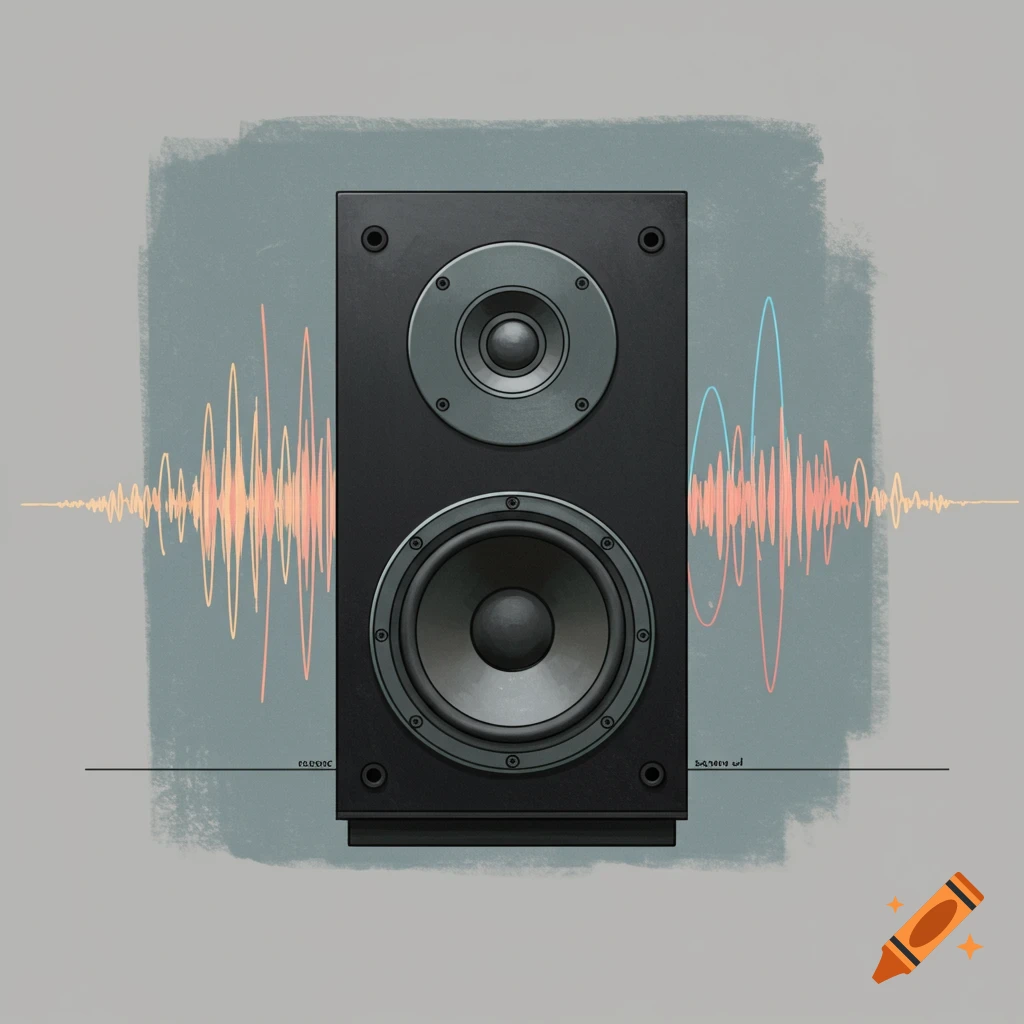 A black speaker with abstract sound waves around it, in a minimalist illustration style.