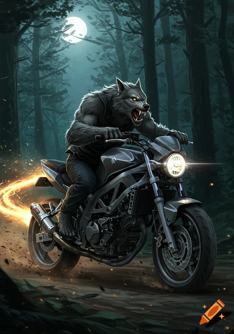A fierce werewolf rides a motorcycle through a dark forest under a full moon.