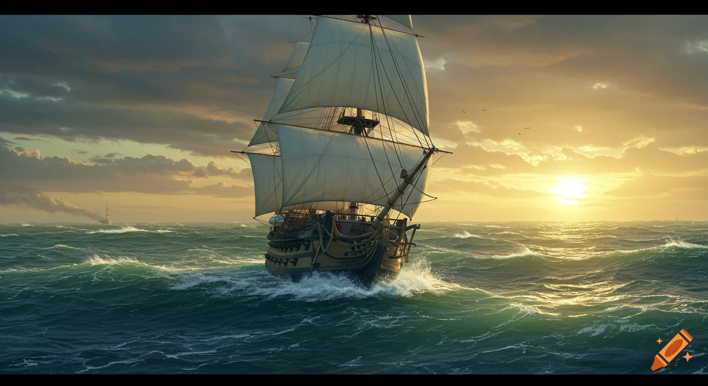 Rear view of a sailing ship on rough seas at sunset, painting style.