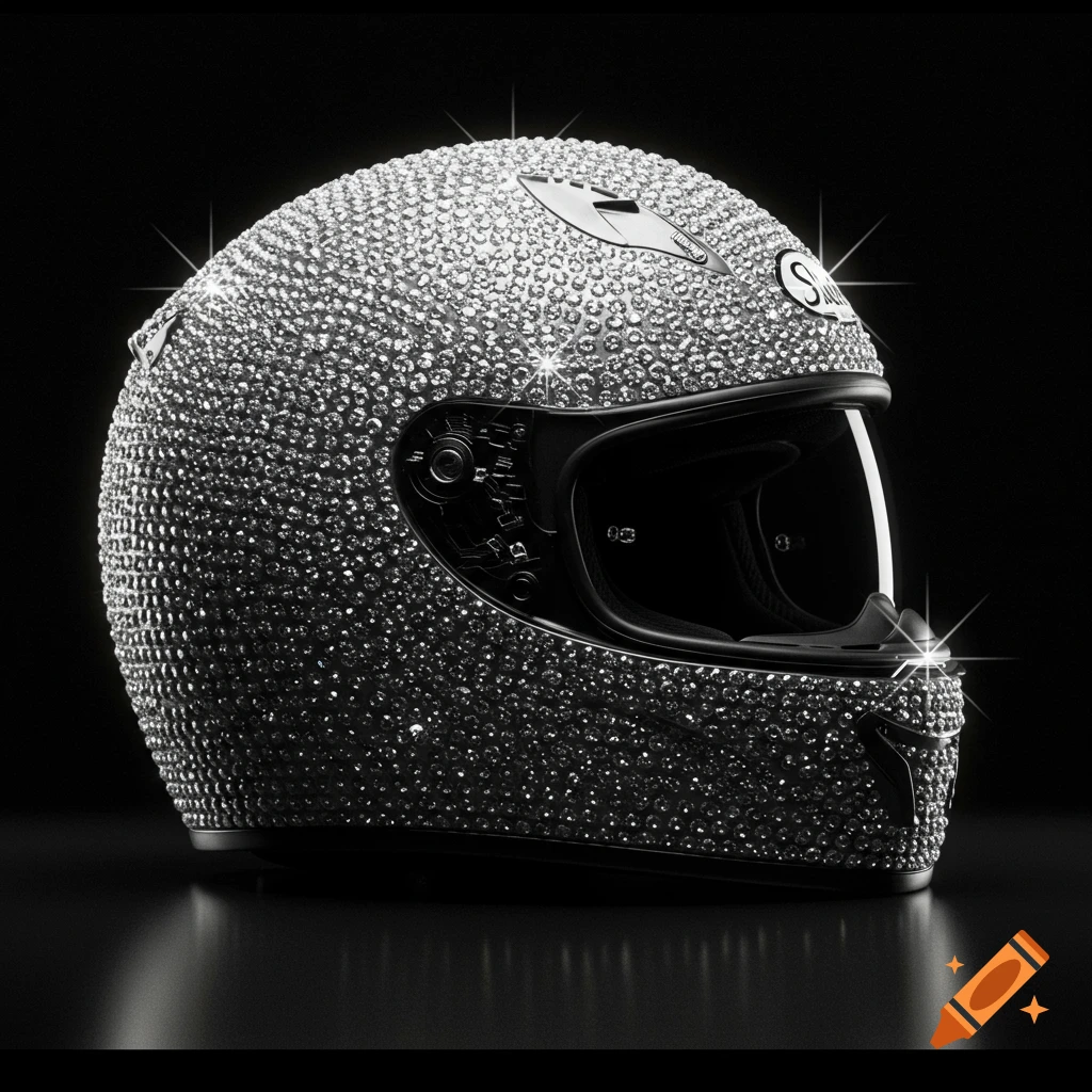 A side profile of a motorcycle helmet covered in sparkling diamonds on a black background.