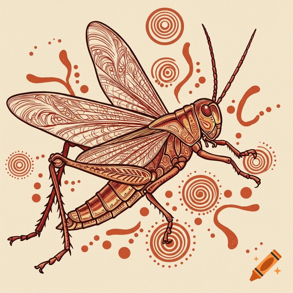Line drawing of a flying grasshopper in the style of traditional Australian Aboriginal art.