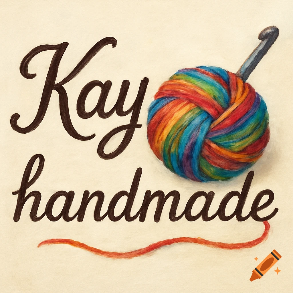 Text 'Kay handmade' with a colorful yarn ball and crochet hook illustration.
