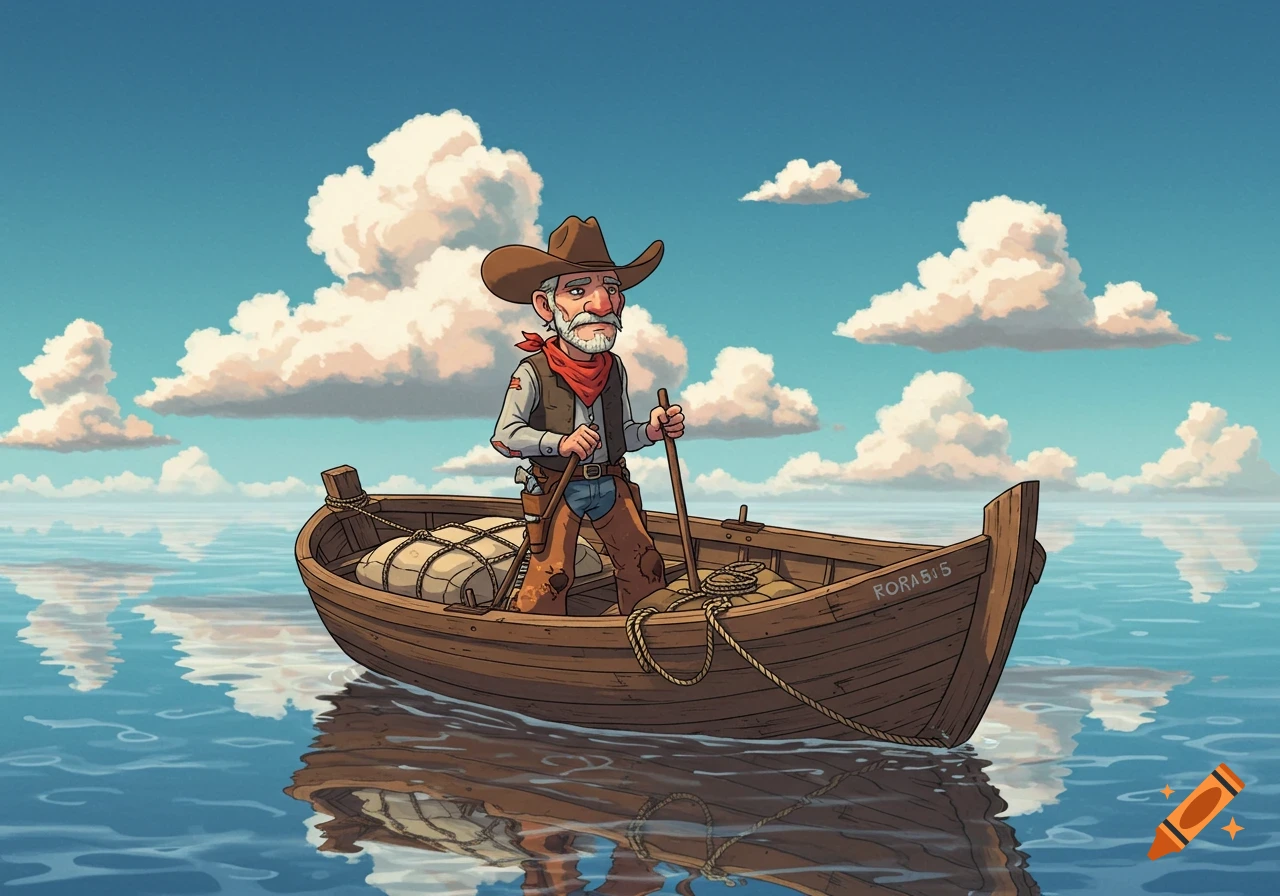 An illustration of a cowboy standing in a small boat on calm water under a cloudy blue sky.