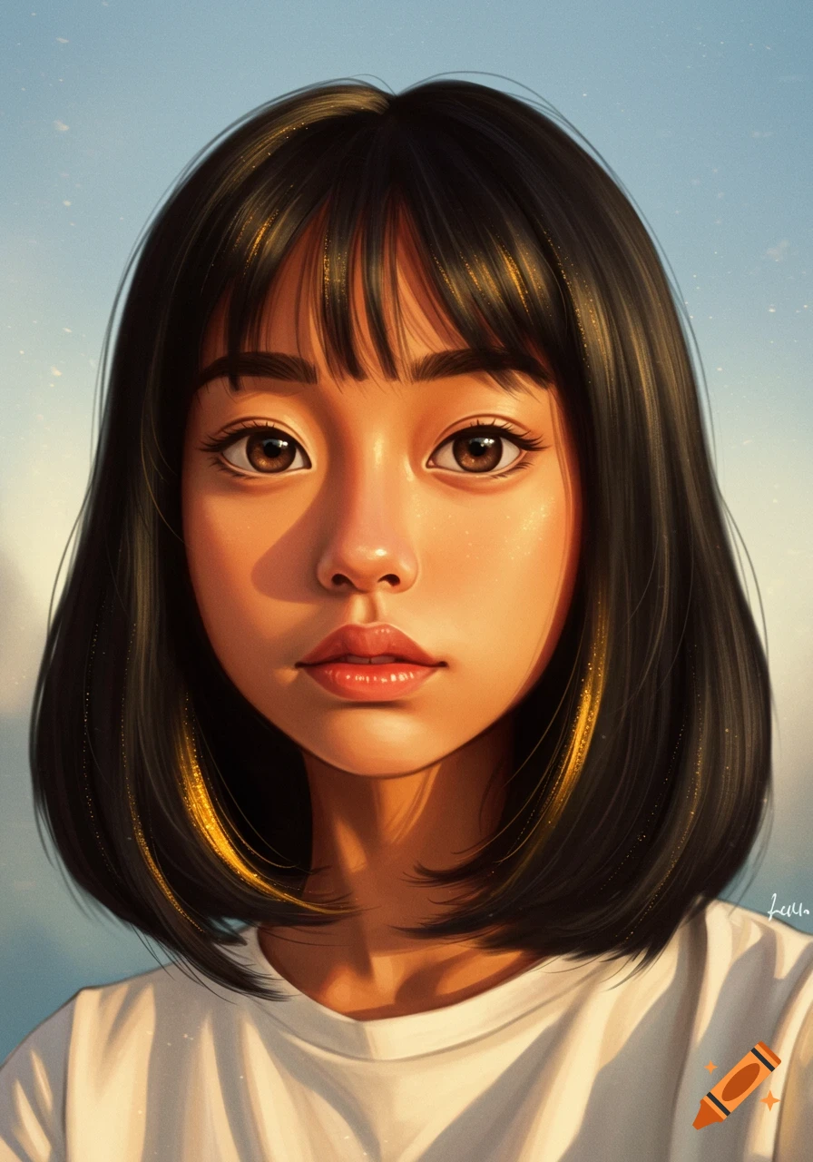 A digital painting portrait of a young girl with dark bobbed hair and ...