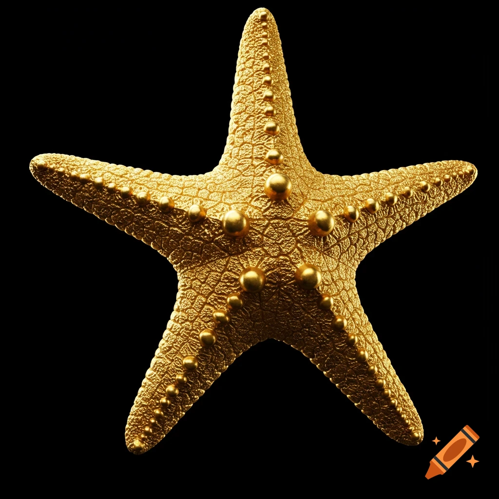 A golden starfish on a black background.
