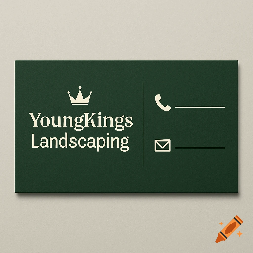 Green business card design with text 'YoungKings Landscaping', crown, phone and email icons.