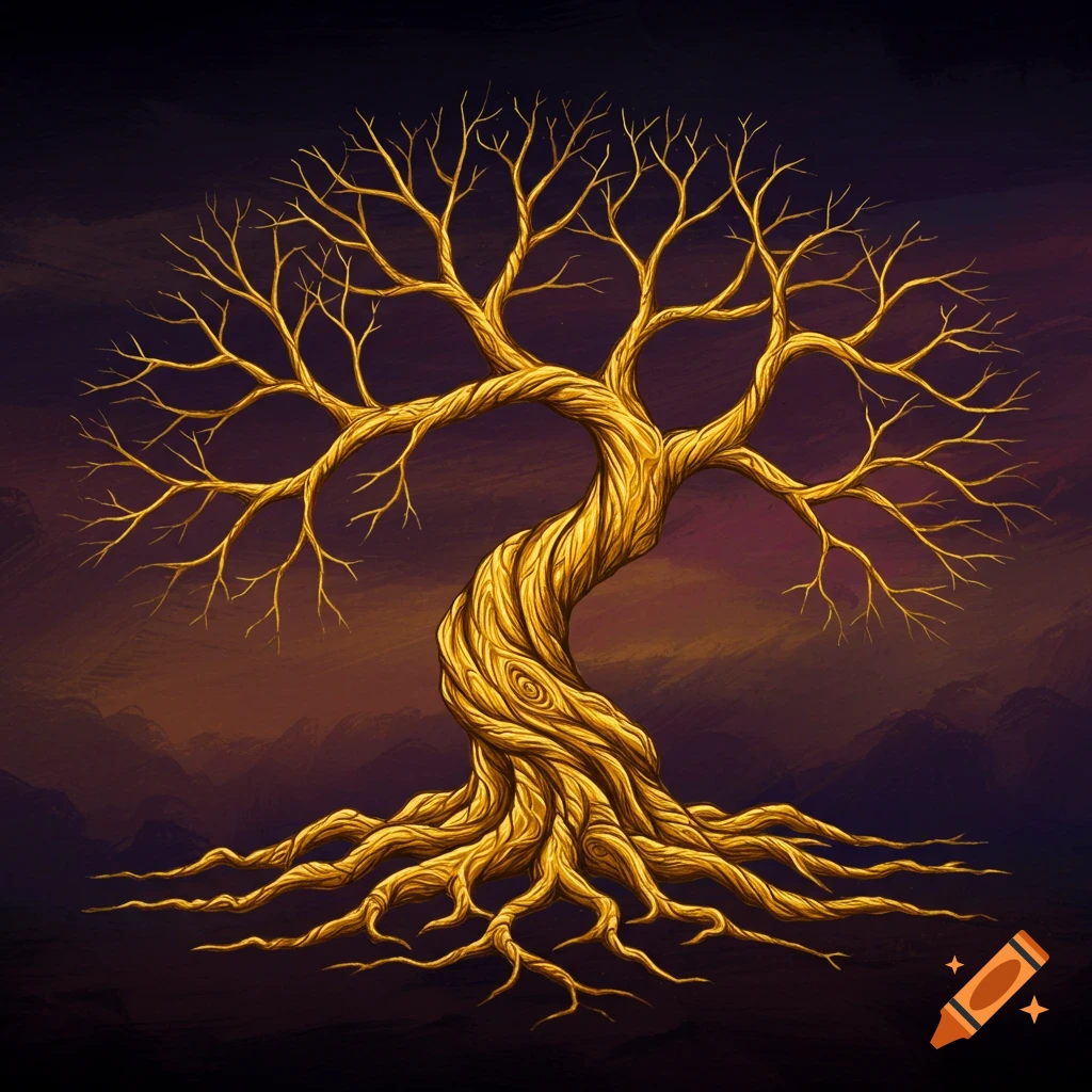 A golden, twisted, leafless tree with exposed roots against a dark, textured background.