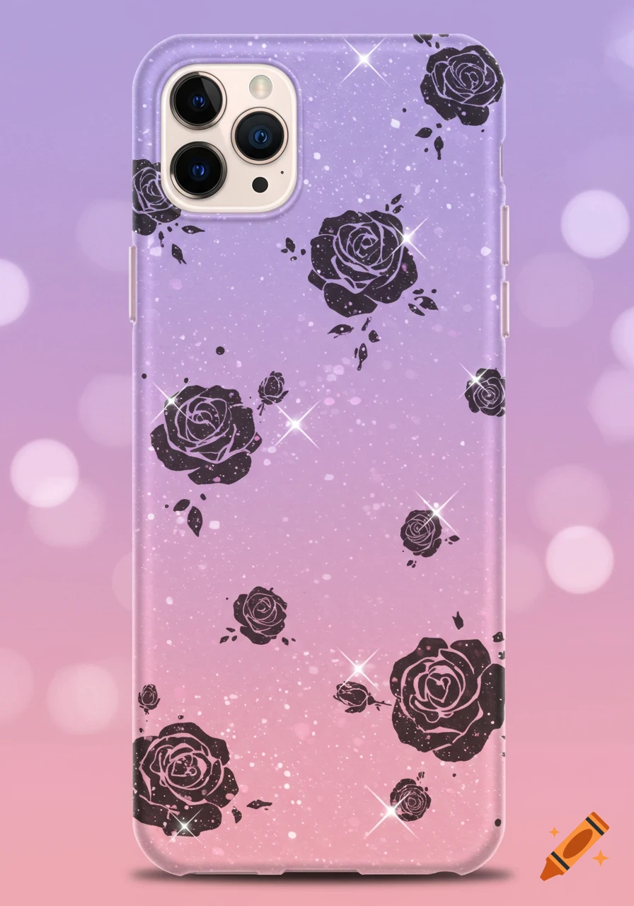 Pastel goth phone case with purple and pink gradient, black roses, and glitter sparkles