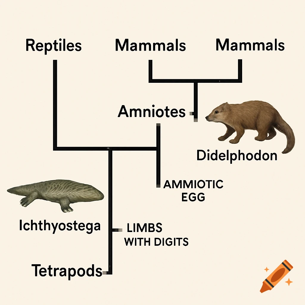 Phylogenetic tree diagram showing Ichthyostega and Didelphodon with evolutionary labels.