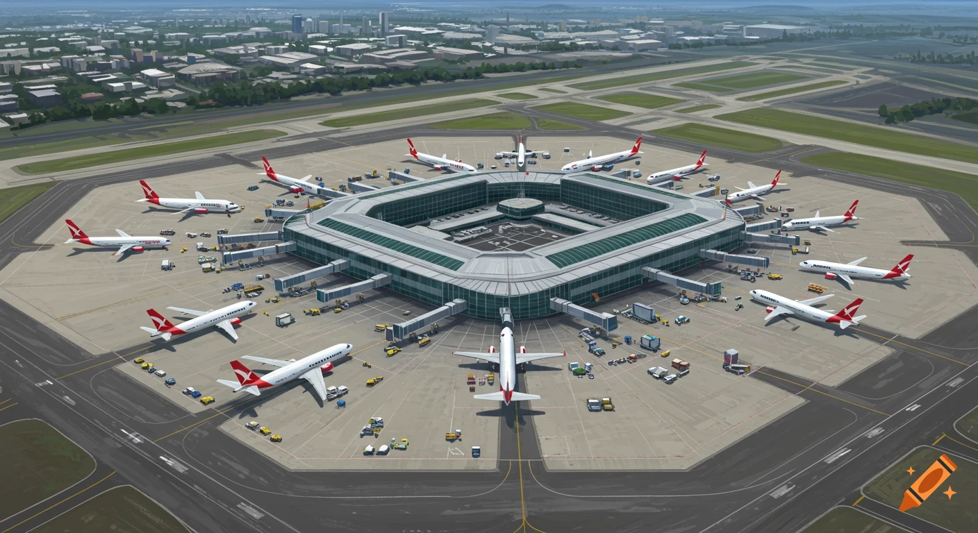 Aerial view of a bustling Melbourne airport terminal with many planes at gates, illustrative style.