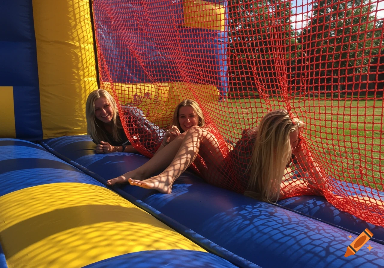 Three young women lie in a colorful inflatable bounce house, two look through red mesh netting.
