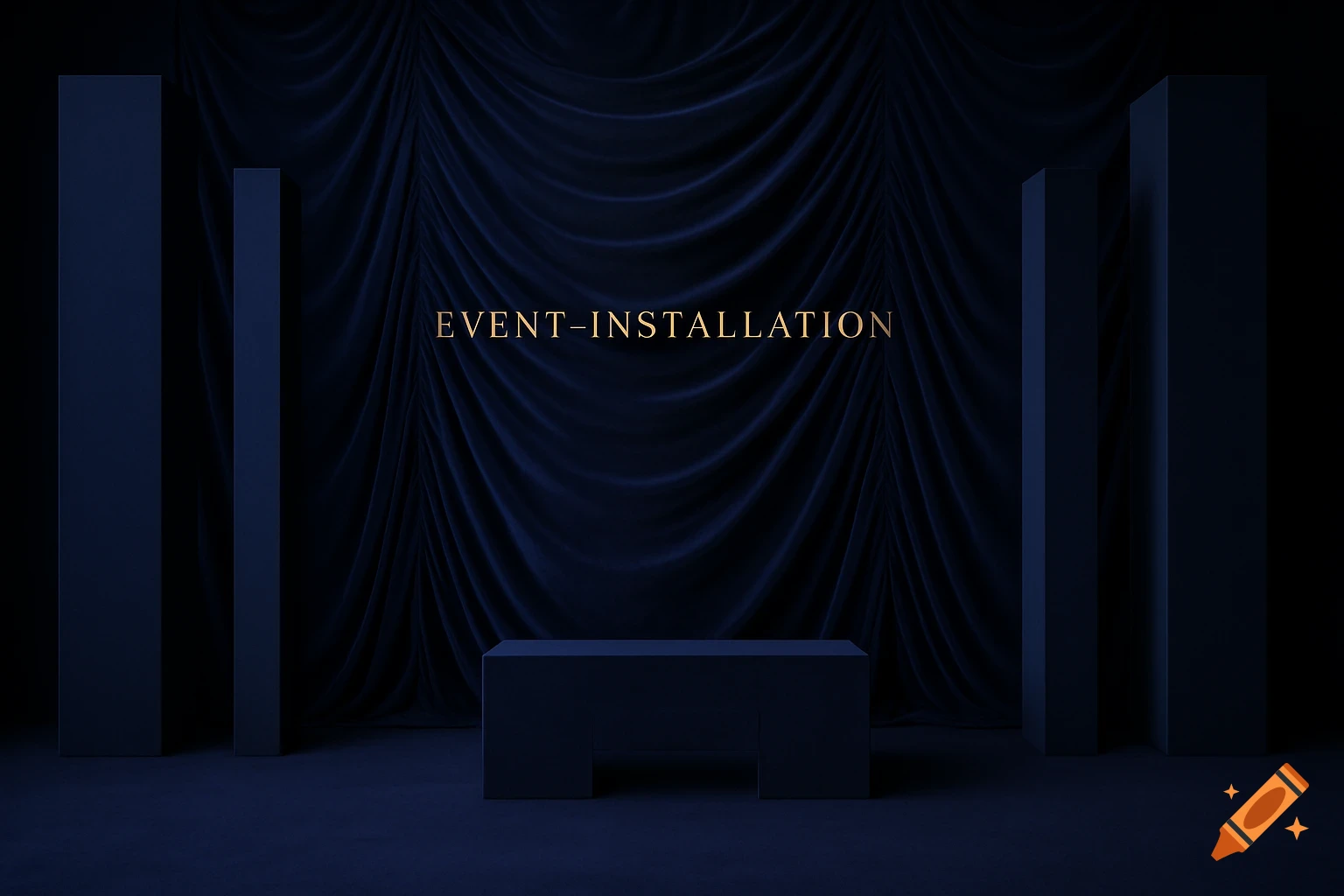Dark blue velvet stage with pillars, bench, and 'EVENT-INSTALLATION' text.