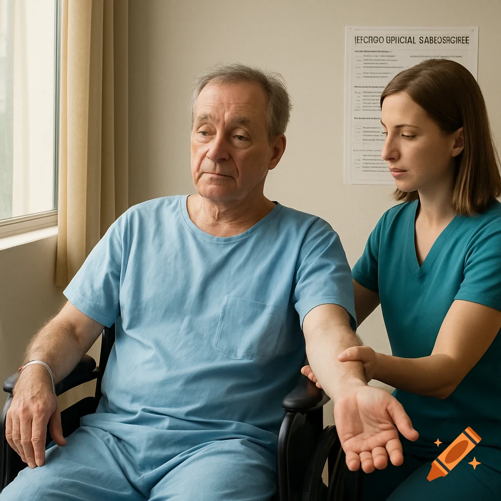 Older patient in wheelchair assisted by medical professional in hospital room.