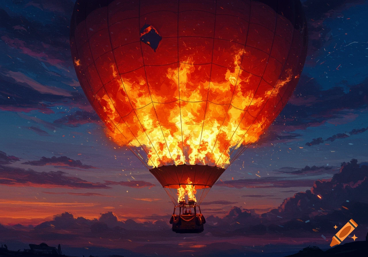 Digital art of a red hot air balloon on fire against a dramatic sunset sky.