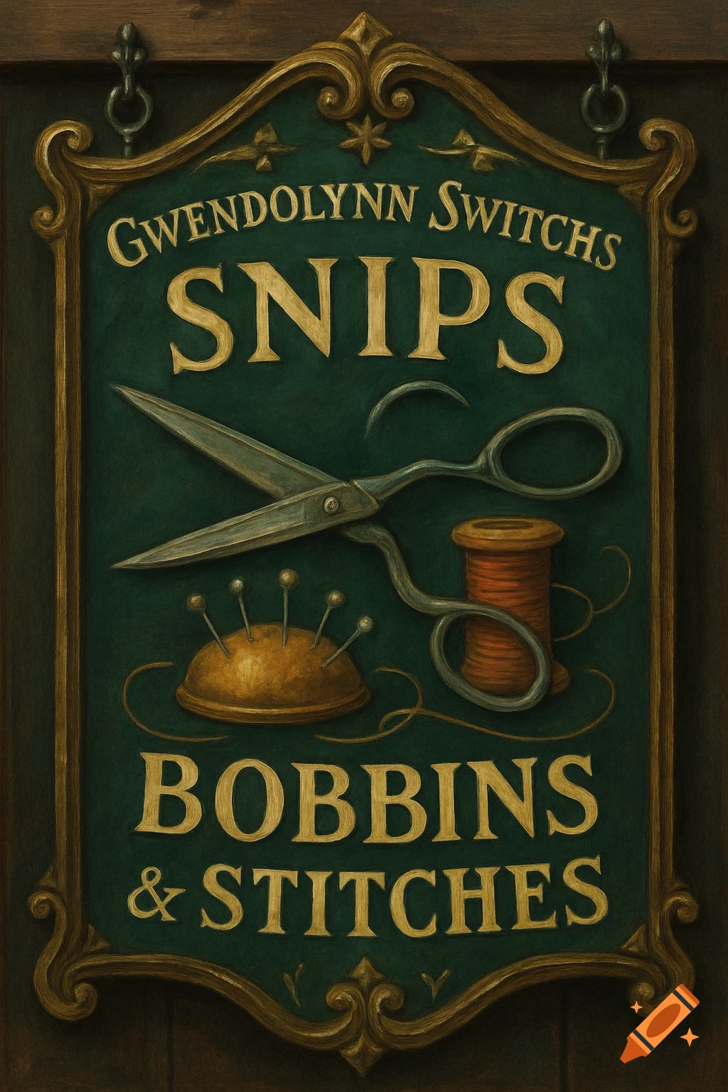 Ornate green & gold sign for Gwendolynn Switchs featuring scissors, thread, & pincushion, advertising Snips Bobbins & Stitches.