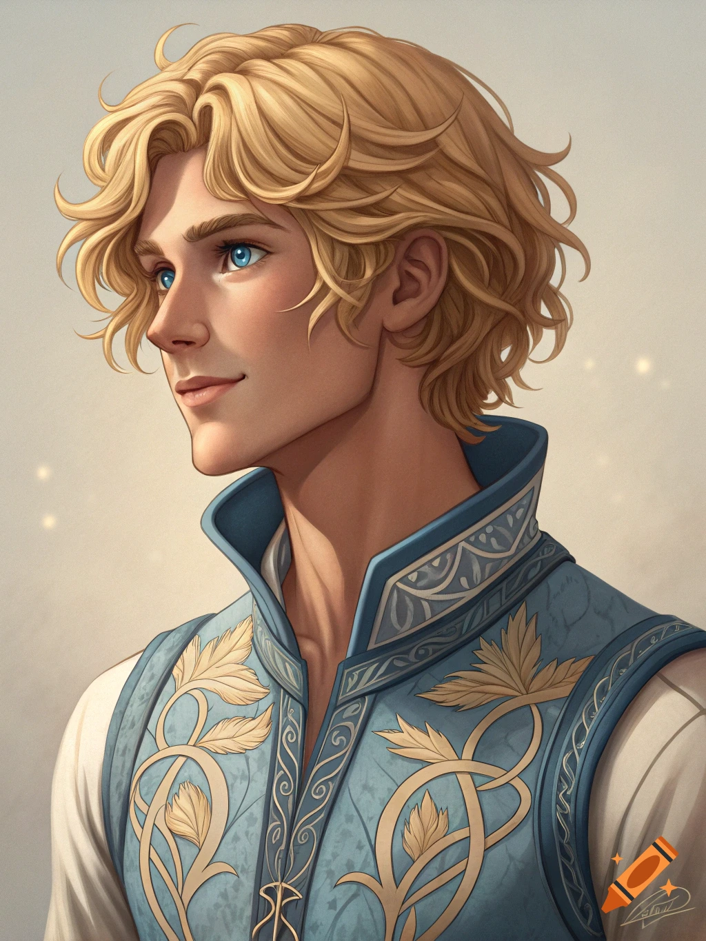 Portrait of a handsome young man with blonde hair and blue eyes in a fantasy vest.