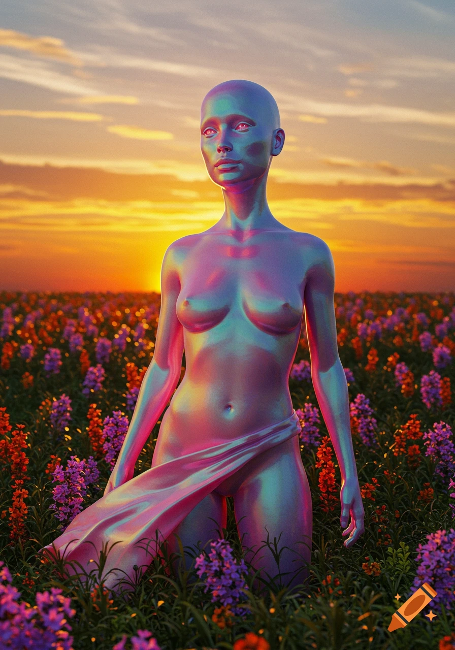 Stylized iridescent figure in a flower field at sunset