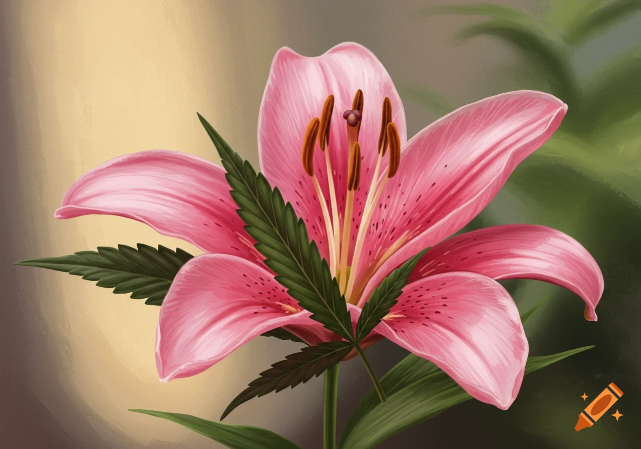 A digital painting of a pink lily flower with a cannabis leaf.