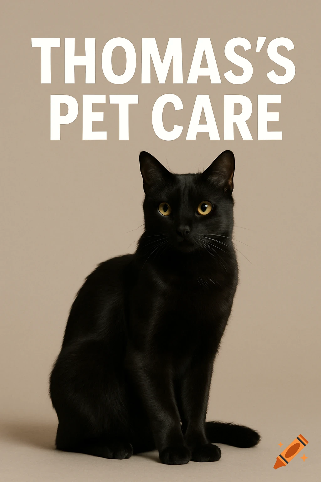 A photorealistic image of a sleek black cat sitting below large text reading 'THOMAS'S PET CARE' on a neutral background.