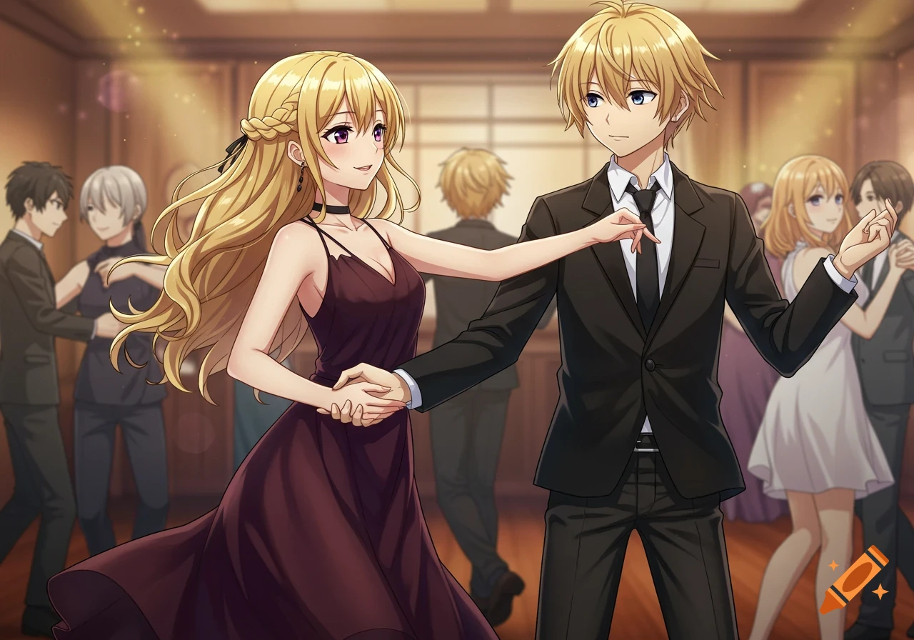 Anime couple dancing at a formal ball.