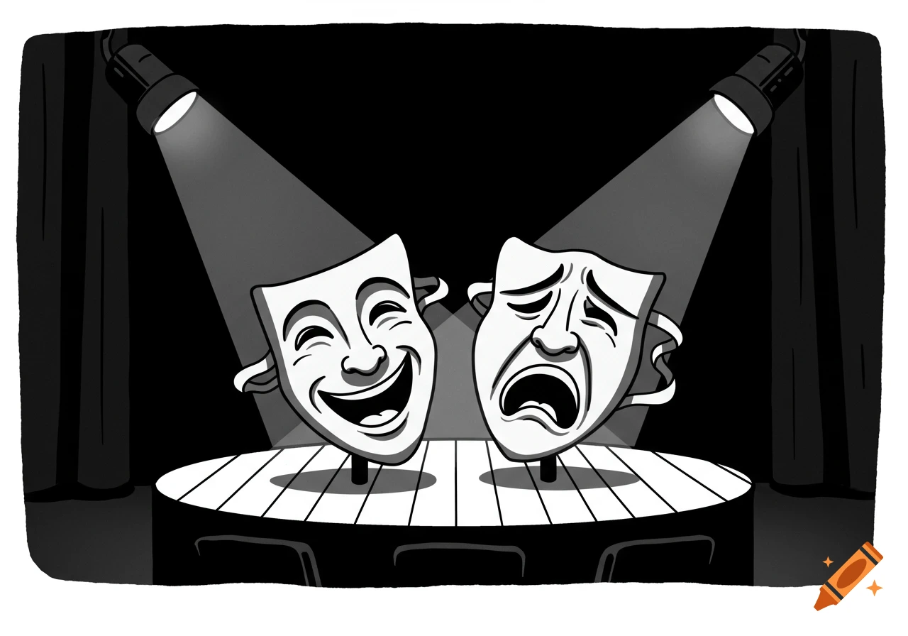 Black and white cartoon illustration of comedy and tragedy theatre masks on a stage with spotlights.