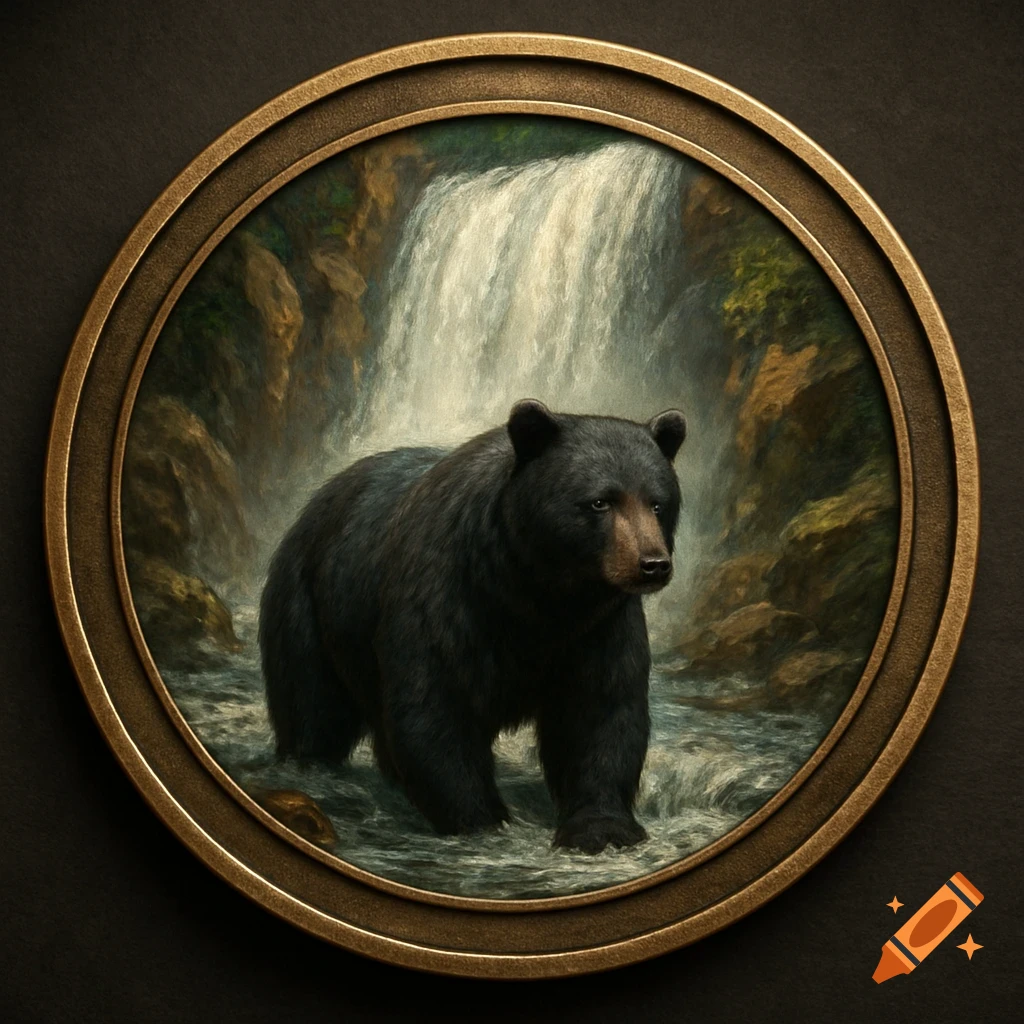 A painting of a black bear standing in a stream at the base of a waterfall, inside a round frame.
