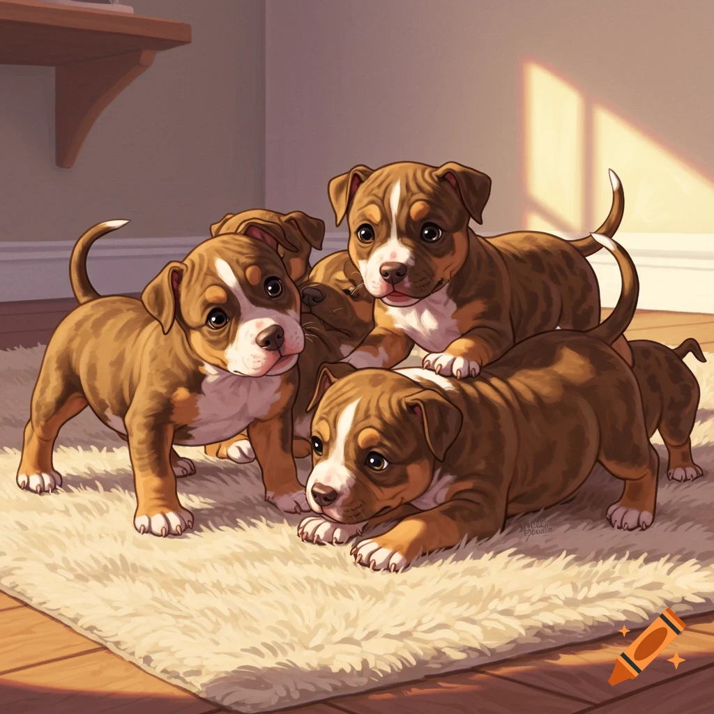 Four brown and white Pitbull puppies playing on a rug, digital art