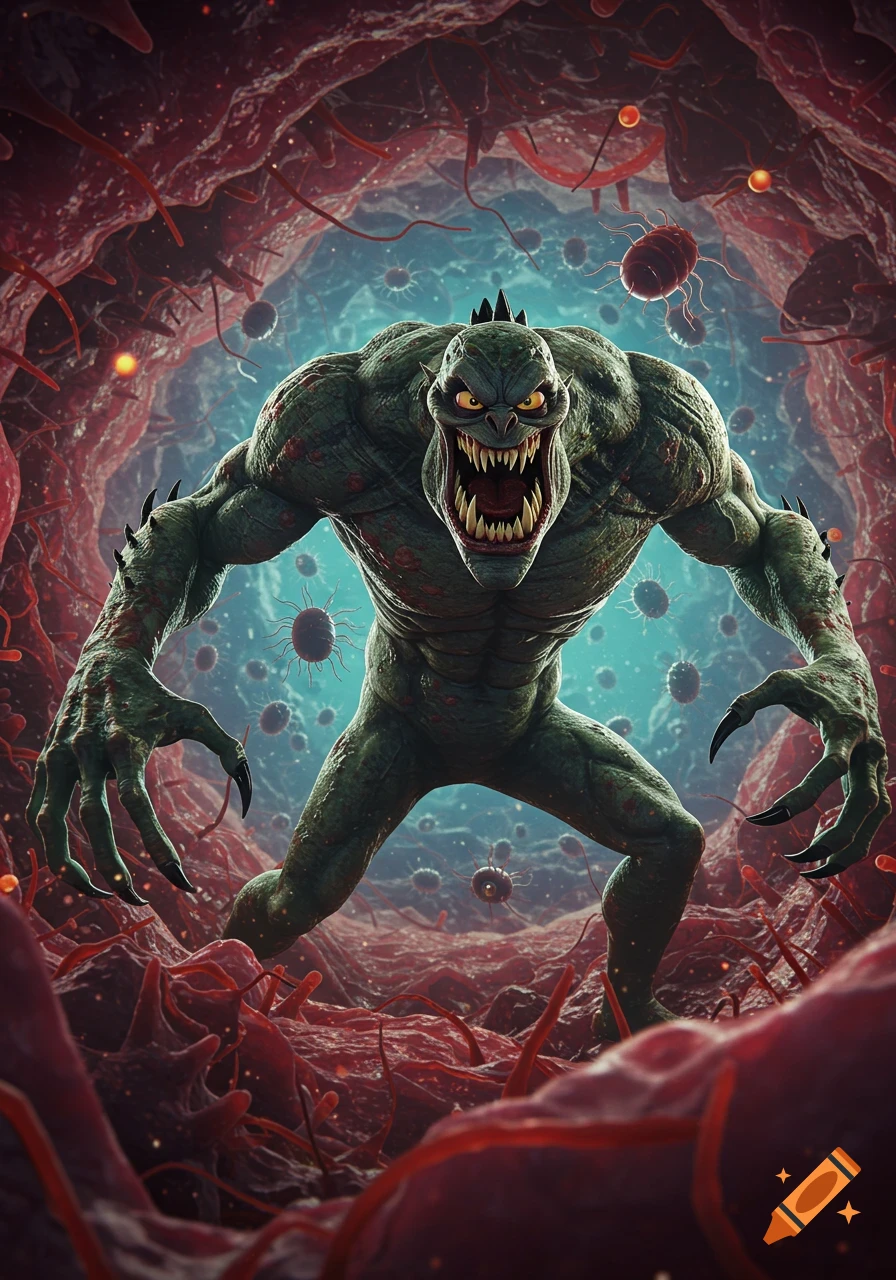 A detailed illustration of a green monster-like virus creature inside a red biological tunnel with floating microbes.