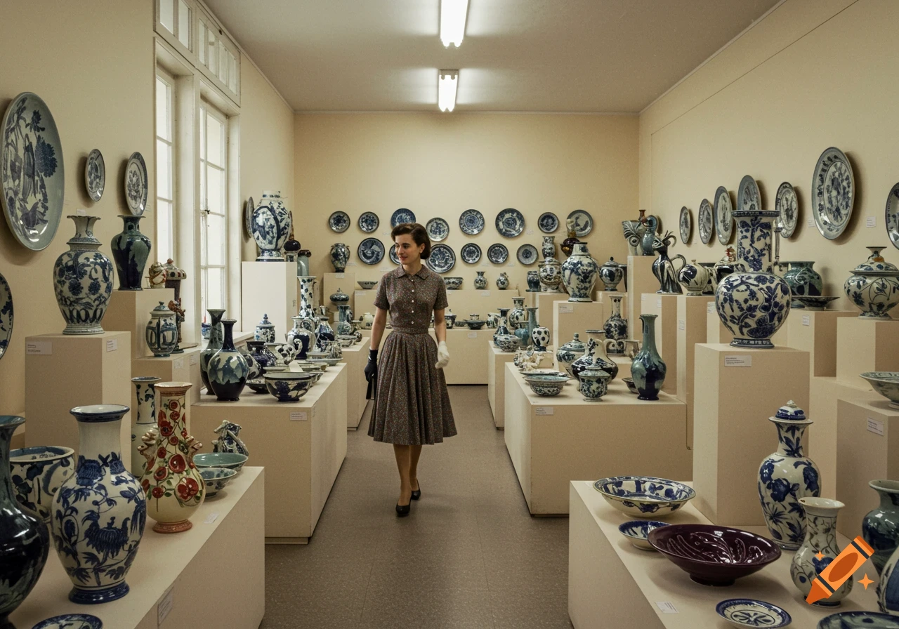 A woman walks through an art gallery filled with ceramic vases and plates.