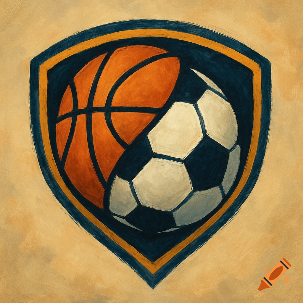 A painted shield logo combining a basketball and a soccer ball
