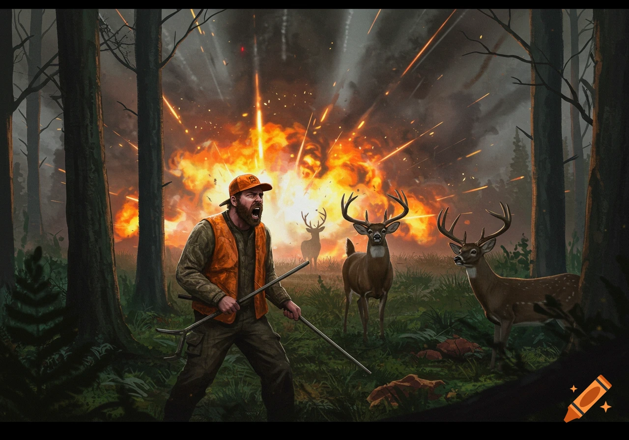 A hunter yells in a forest as an explosion happens behind startled deer.