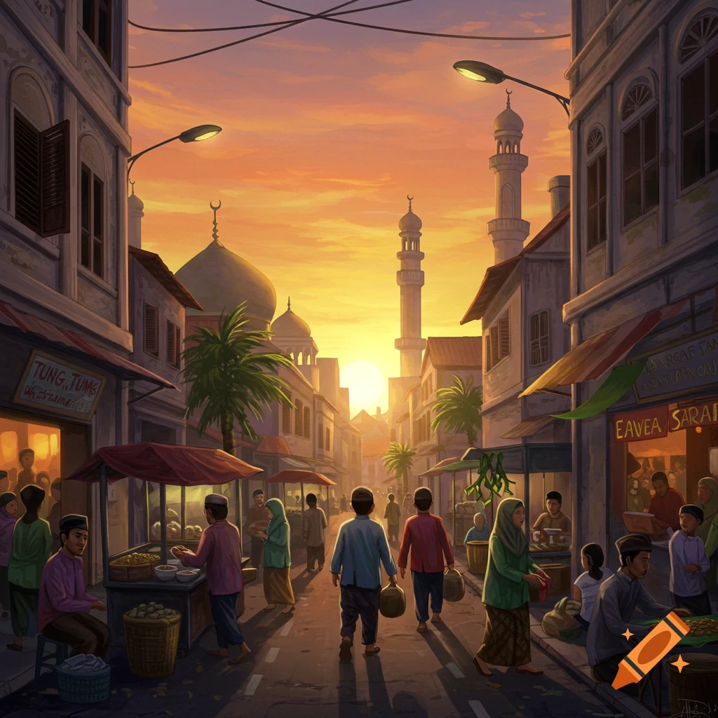 Digital painting of a vibrant street scene at sunset with mosques, people, and market stalls.