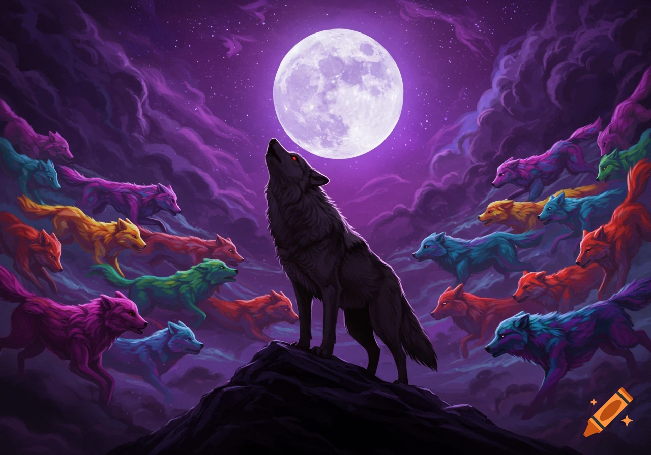 A dark alpha wolf howls at a full moon, surrounded by a pack of colorful wolves in a purple night sky.