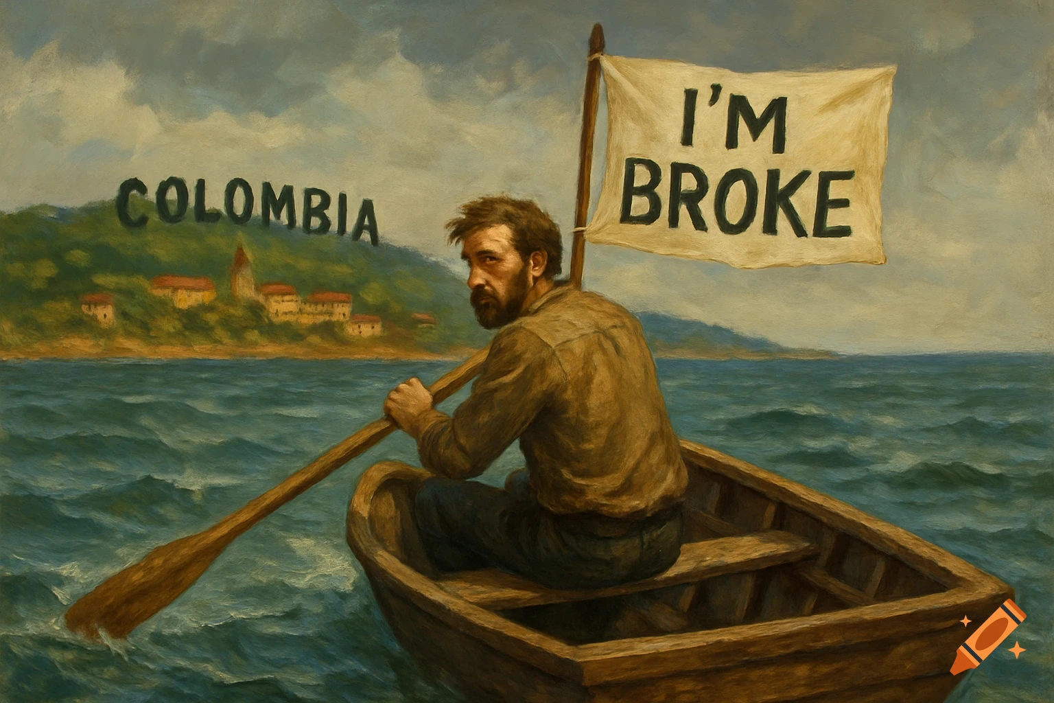 Painting of a man rowing a boat on the sea towards land labeled COLOMBIA, with a flag on the boat saying I'M BROKE.