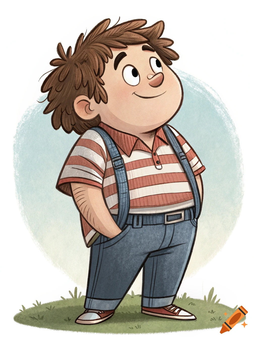 Cartoon illustration of a boy in a striped shirt and overalls looking up.