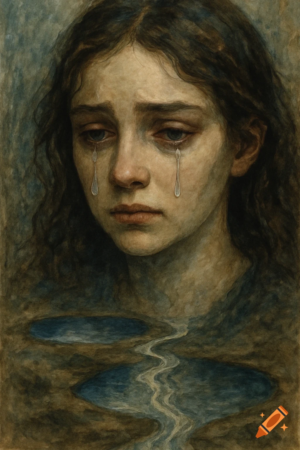 Painterly portrait of a crying woman with streams flowing from her eyes to pools and a river below.