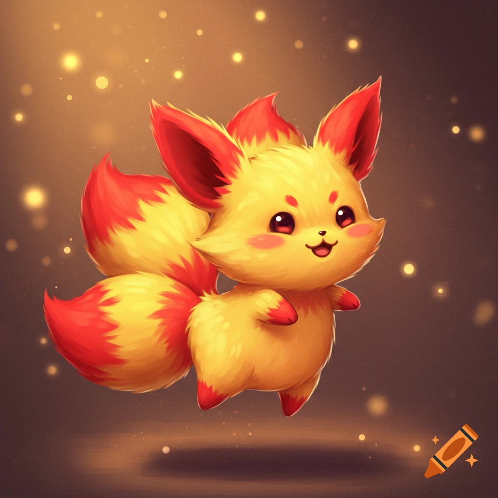 A cute, fluffy yellow and red fox-like creature with three tails smiles.