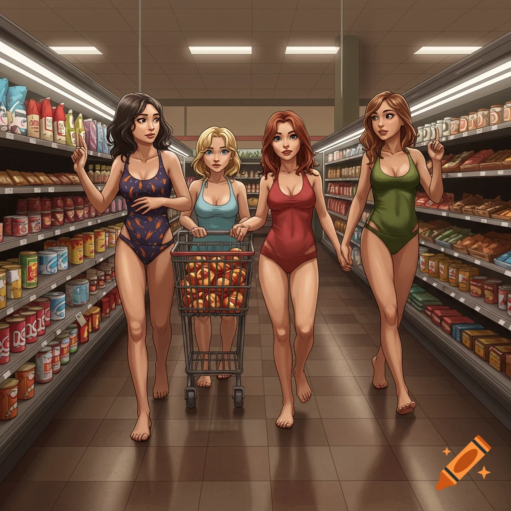 Four women in bathing suits push a shopping cart down a grocery store aisle in an anime style illustration.